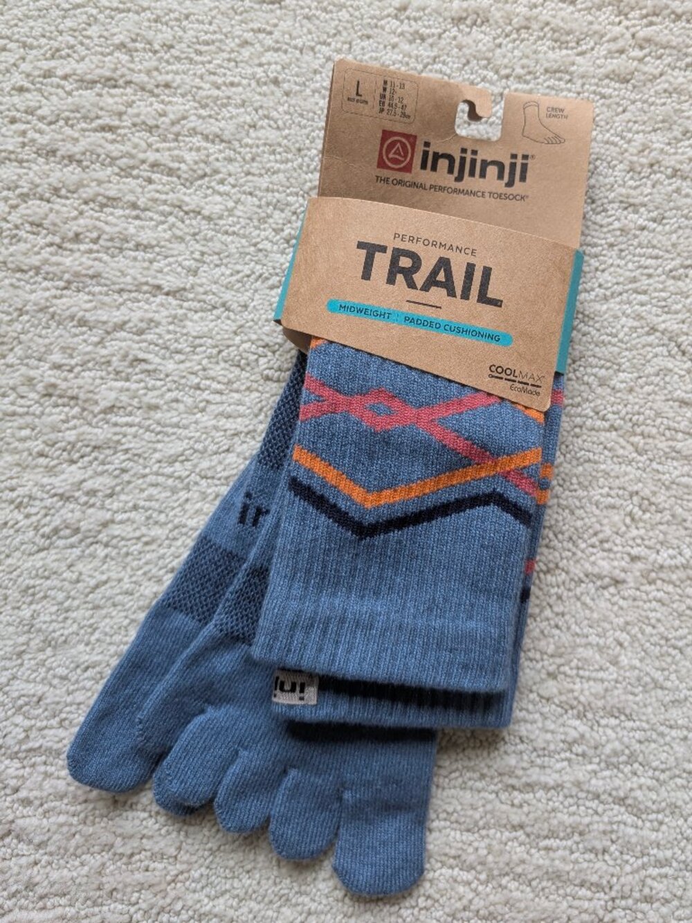 NEW Injinji Performance Trail toe Socks Large Mid-weight CoolMax Crew Lake Blue